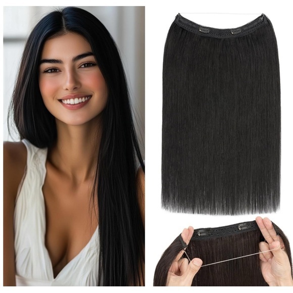 14” Jet Black Halo Fish Line Extensions Real Human Hair Wire Clips It#NC3 - Picture 1 of 16